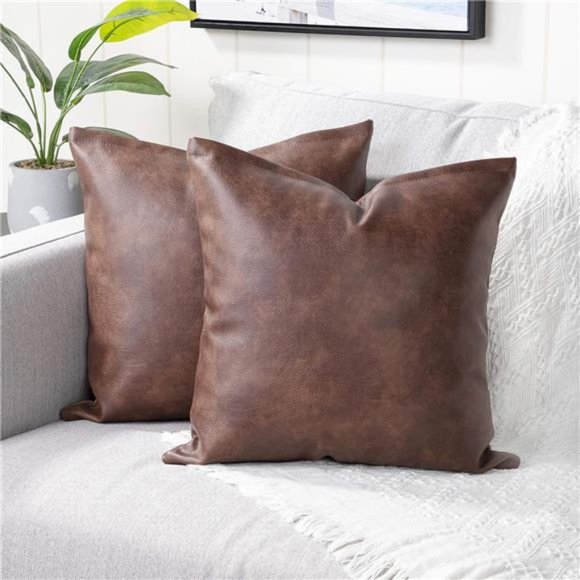Set of 2Faux Leather Decorative Throw Pillow Covers Modern Solid Outdoor Cushion - Picture 5 of 6